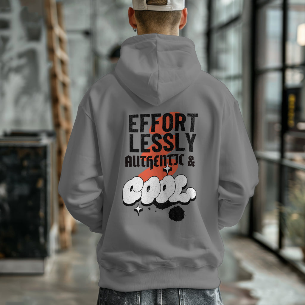 Oversized streetwear hoodie with bold phrase - Effortlessly Authentic & Cool - by Worn & Wicked Co.